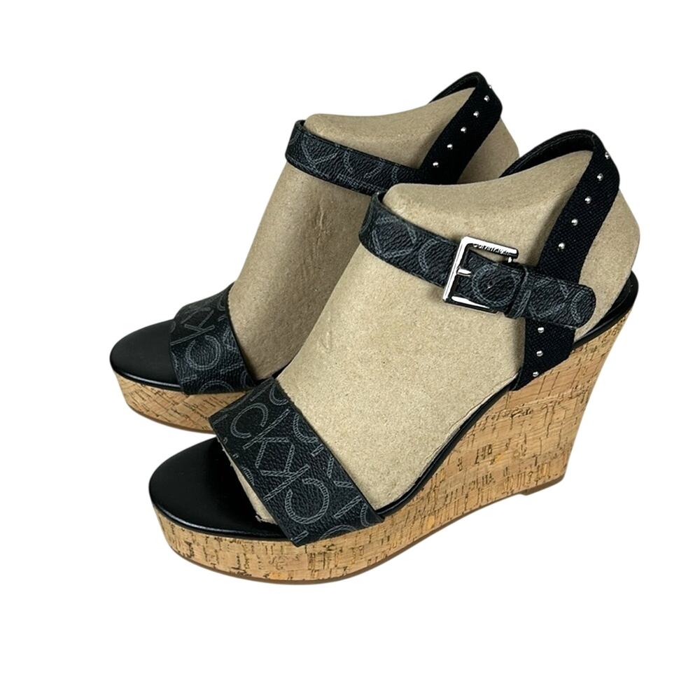 Calvin Klein Karmona Womens 6.5 Black Wedge Strappy Sandals NEW Luxe